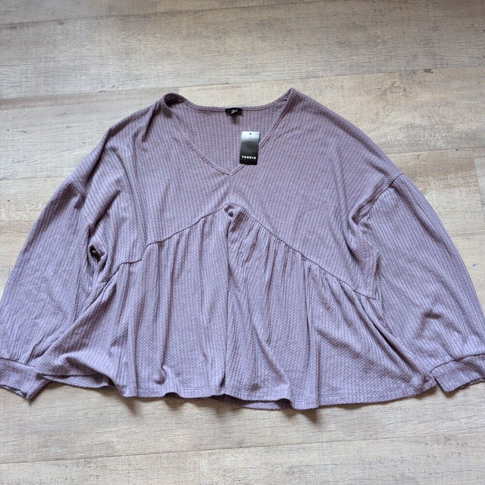 New ​Torrid Ridge Purple Waffle Knit V-Neck Shirred Long Sleeve Top Size 2 2XL
